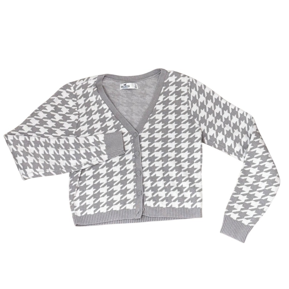 Hollister Womens Grey White Houndstooth Cropped V-Neck Button Cardigan Sweater S